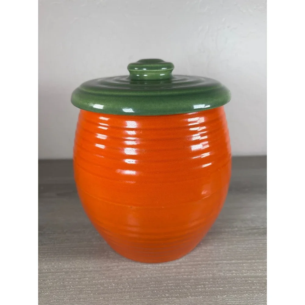 Bauer Pottery Los Angeles Orange Green‎ Ringware Ceramic Cookie Jar Canister Lid
